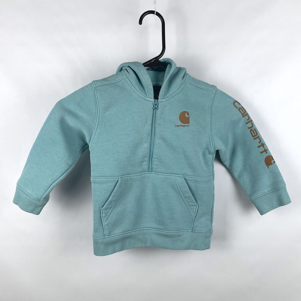Carhartt Toddler Size 24M Boy Teal Half Zip Hooded Logo Sweatshirt Spell Out
